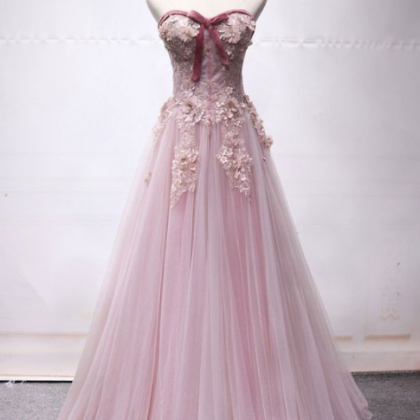 Pink Sweetheart Tulle Lace Long Prom Dress, Pink..