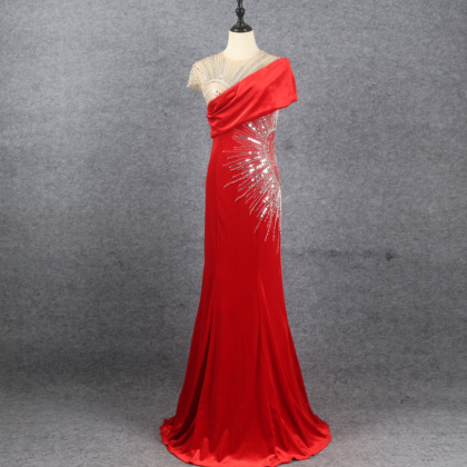 Red Velvet Dress, Beaded And Elegant, Thin..