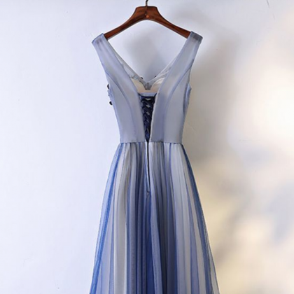 Unique Navy Blue Long Tulle Prom Dress V-neck..