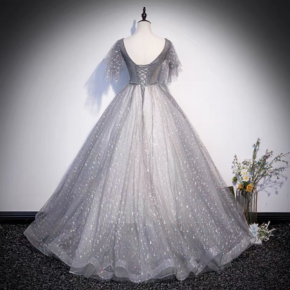 Gray tulle sequins long prom dress ..
