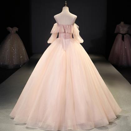 Pink Tulle Sequins Long Ball Gown Dress Evening..