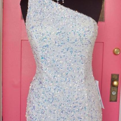 One Shoulder White Sequined Long Prom Dress With..