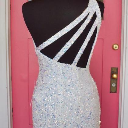 One Shoulder White Sequined Long Prom Dress With..
