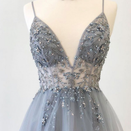 Gray V Neck Tulle Beads Long Prom Dress, Evening..