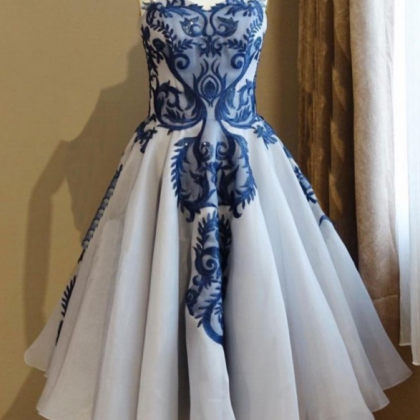 Blue Lace Tulle Short Prom Dress, Blue Lace..