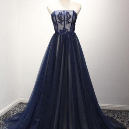 Stunning Prom Dress, Navy Blue Prom Evening..