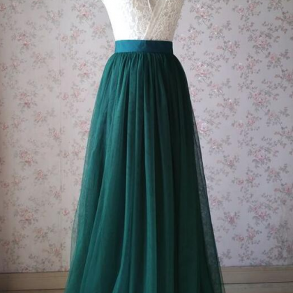 A Line Dark Green Tulle And White Lace Top Prom..