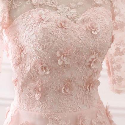 Pink Lace Tulle Tea Length Prom Dress, Lace..