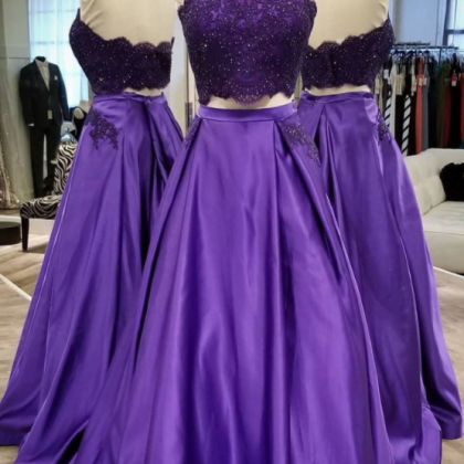 Purple Satin Two Piece Long Backless Prom Dress,..