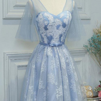 Mini Short Prom Dress, Blue Lace Short Prom Dress..