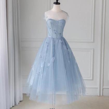 Blue Round Neck Tulle Lace Short Prom Dress, Blue..