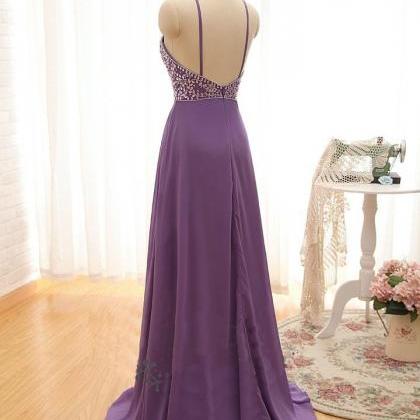Backless Purple Beaded Long A-line Prom Dress,..