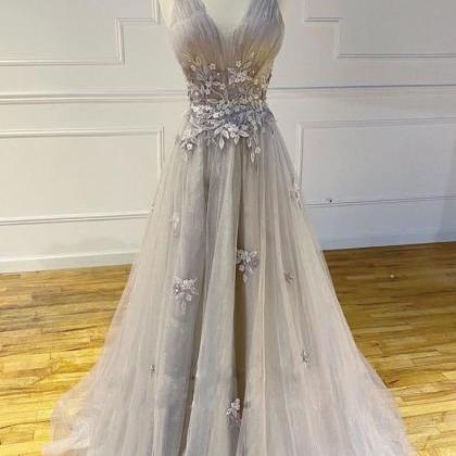 Gray V Neck Tulle Lace Long Prom Dress Gray Lace..