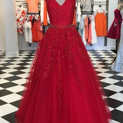 Red Tulle V Neckline Long Appliques Beaded Evening..