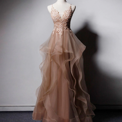 Prom Dresses,v Neck Tulle Lace Long Prom Dress..