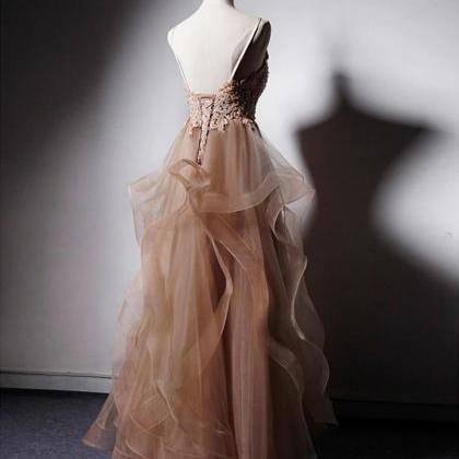 Prom Dresses,v Neck Tulle Lace Long Prom Dress..