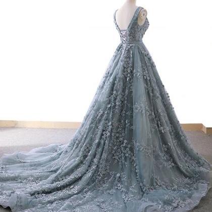 Prom Dresses, Tulle Lace Long Prom Dress Blue Lace..