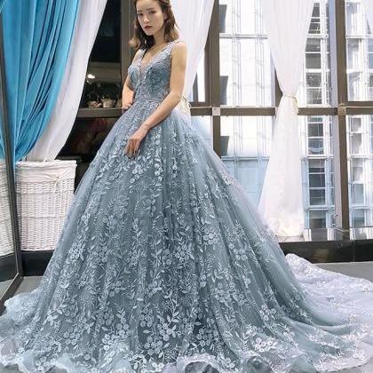 Prom Dresses, Tulle Lace Long Prom Dress Blue Lace..