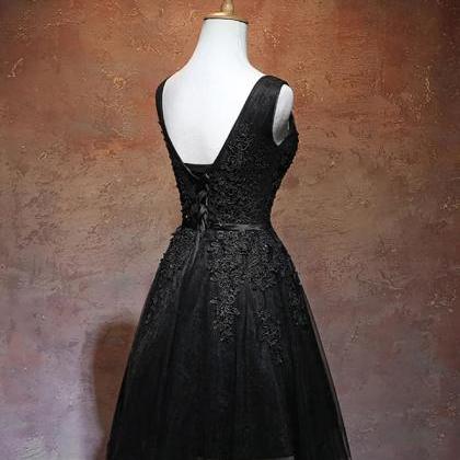 Homecoming Dresses,black V Neck Tulle Lace Short..