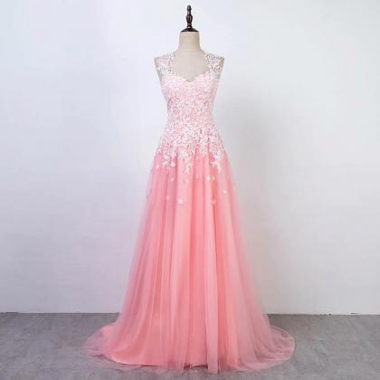 Pink Long Prom Dresses Lace Applique Sleeveless..
