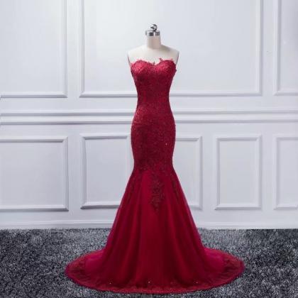 Sexy Burgundy Long Prom Dresses Tulle Appliques..