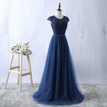 Navy Blue Prom Dresses Tulle Prom Gowns Real Photo..