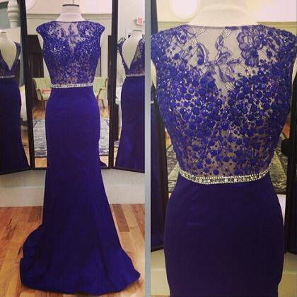 Lace Prom Gown,open Back Prom Dresses,royal Blue..