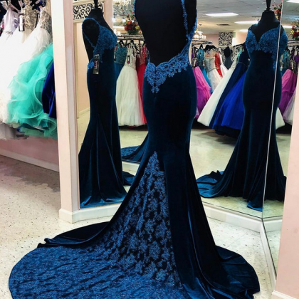 Prom Dresses,velvet Lace Long Mermaid Prom Dress