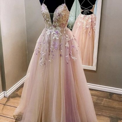 Prom Dresses,V Neck Backless Lace F..