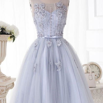 Cute Round Neck Lace Tulle Short Prom Dress,..