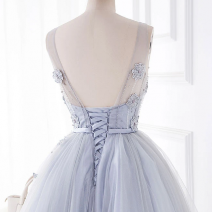 Cute Round Neck Lace Tulle Short Prom Dress,..