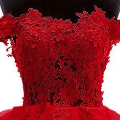 Red Off Shoulder Organza With Lace Detail Formal..