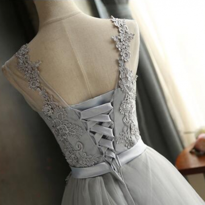 Grey Tulle Cute Knee Length Prom Dress Lace..