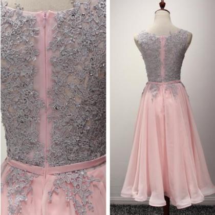 Tea Length Pink Party Dresses, Lace And Chiffon..
