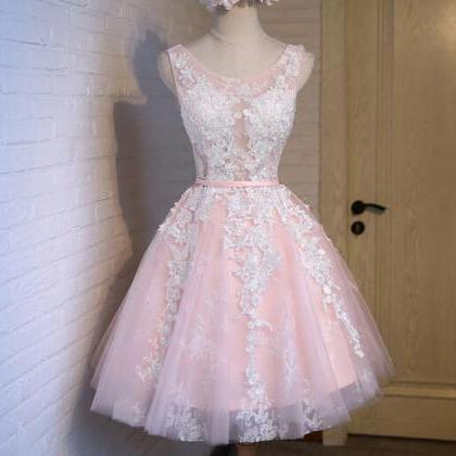 Cute Tulle Short Prom Dress With Lace Applique,..