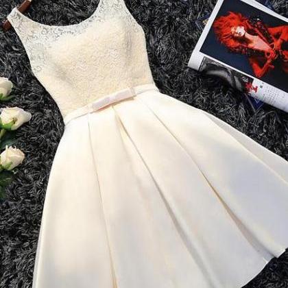 Ivory Satin Lace Round Neckline Knee Length Party..