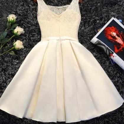 Ivory Satin Lace Round Neckline Knee Length Party..