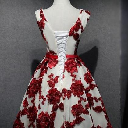 Red And White Short Homecoming Dress, Lace-up Back..