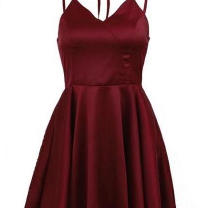Dark Red Halter Satin Homecoming Dress, Burgundy..