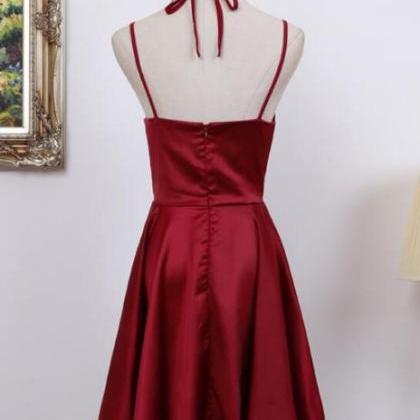 Dark Red Halter Satin Homecoming Dress, Burgundy..