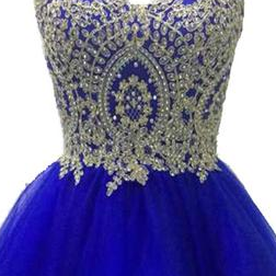 Royal Blue Tulle With Gold Applique, Short Prom..