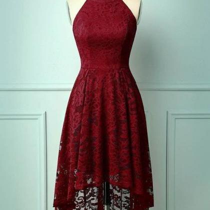 Lace Asymmetrical Halter Dress - Dark Red