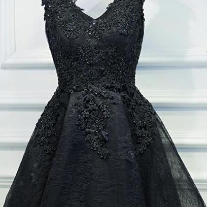 V Neck Short Black Lace Homecoming Dresses, Black..