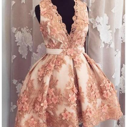 V Neck Short Champagne Floral Lace Prom Dresses,..