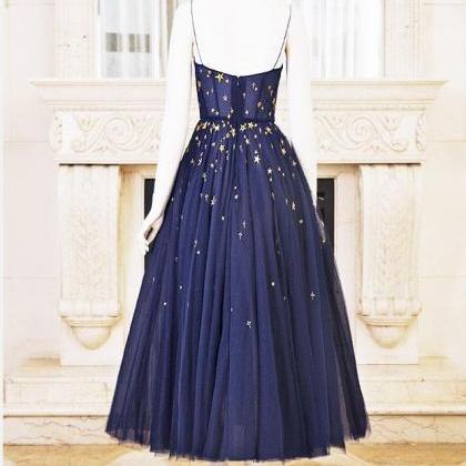 Dark Blue Tulle Tea Short Prom Dress, Blue..