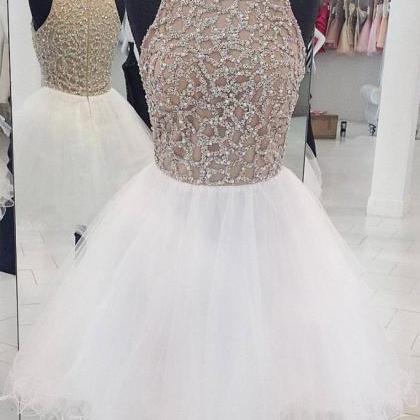 White Round Neck Tulle Sequin Short Prom Dress,..