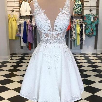 White V Neck Lace Short Prom Dress, White..