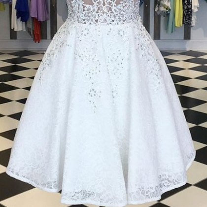 White V Neck Lace Short Prom Dress, White..
