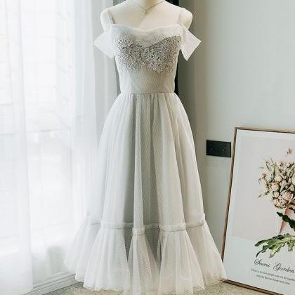 Gray Tulle Lace Prom Dress, Tulle Lace Homecoming..