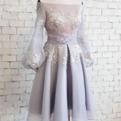Cute Chiffon Lace Short Prom Dress, Gray..